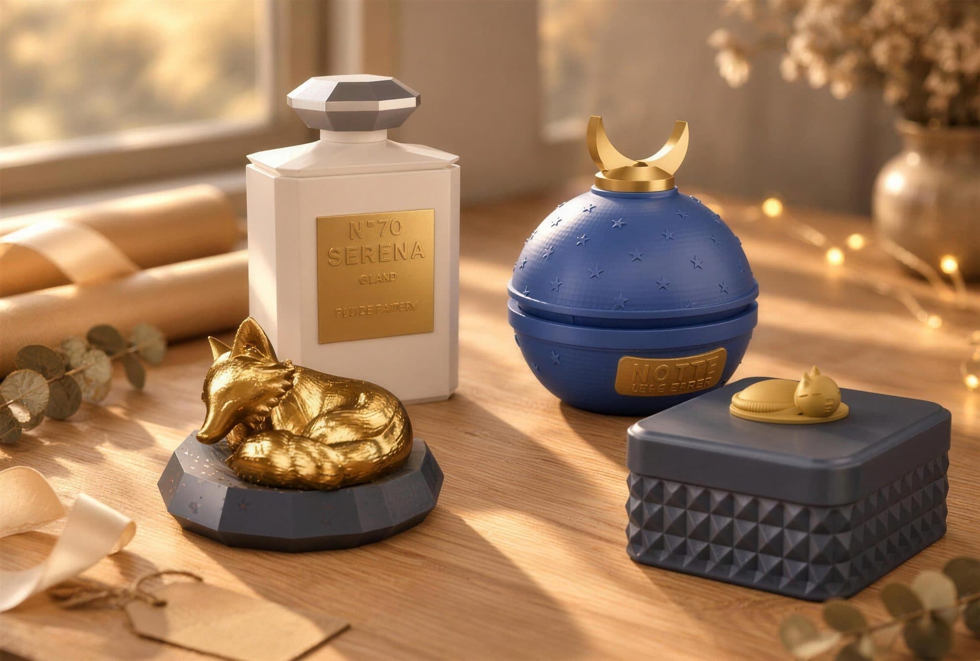 Su un tavolo di legno, fra carta da pacchi e nastro: il portagioie a flacone di profumo, la sfera blu stellata, la volpe d'oro e la scatola col gatto sul coperchio
