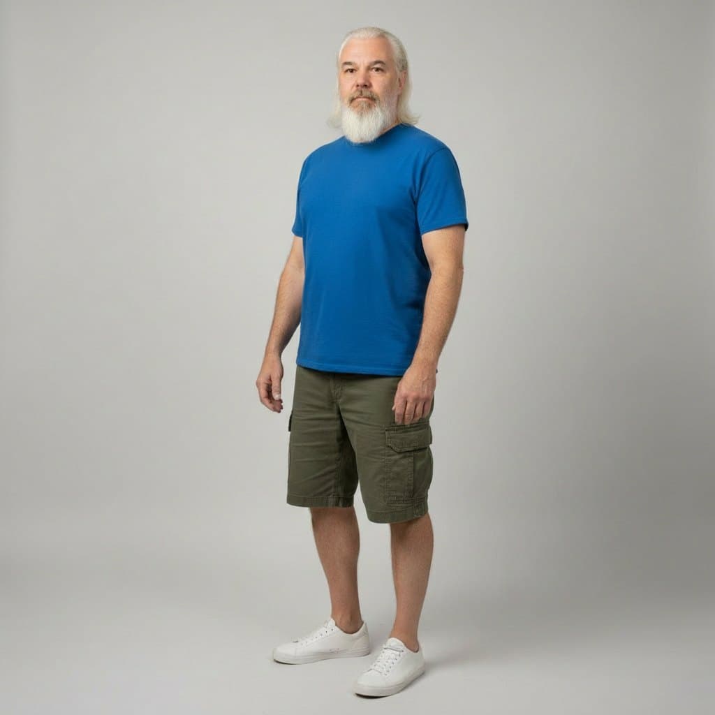 Luca in piedi, figura intera a colori: maglietta blu, pantaloni verdi