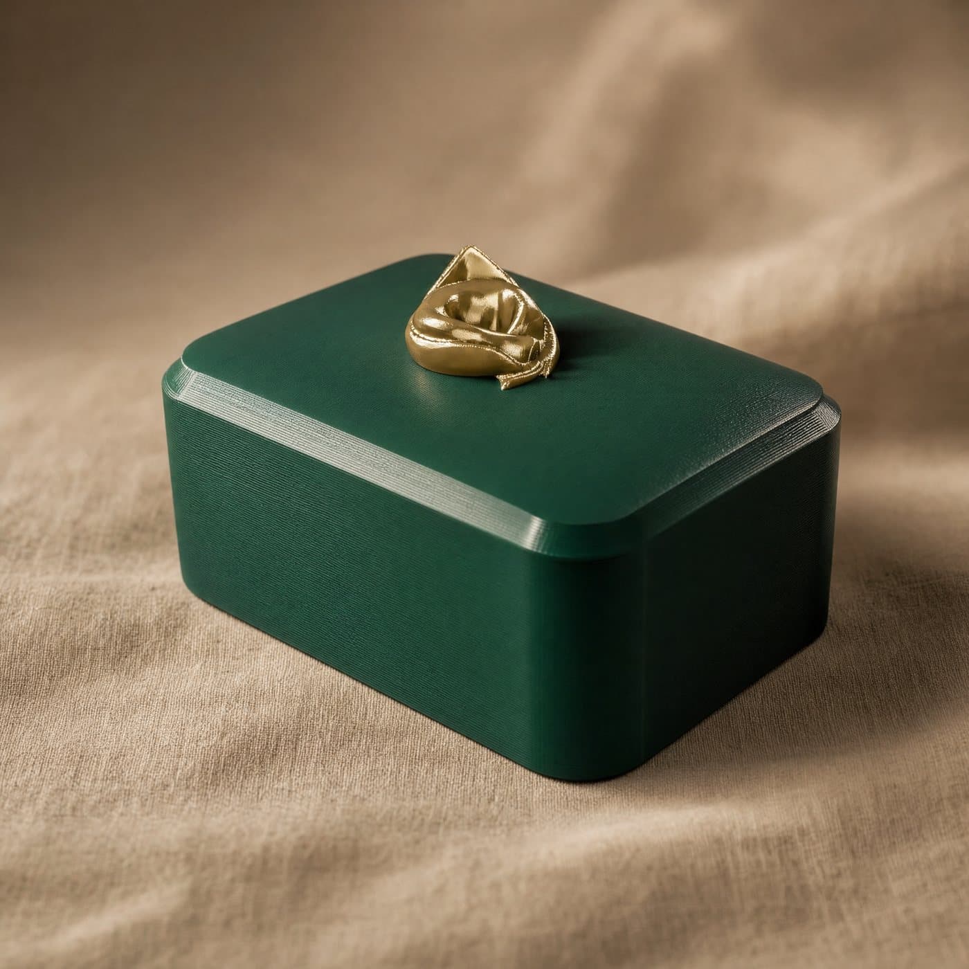La scatolina di Carlotta: Un portagioie verde bosco col tortellino d'oro sul coperchio. Ambientazione dal modello vero.