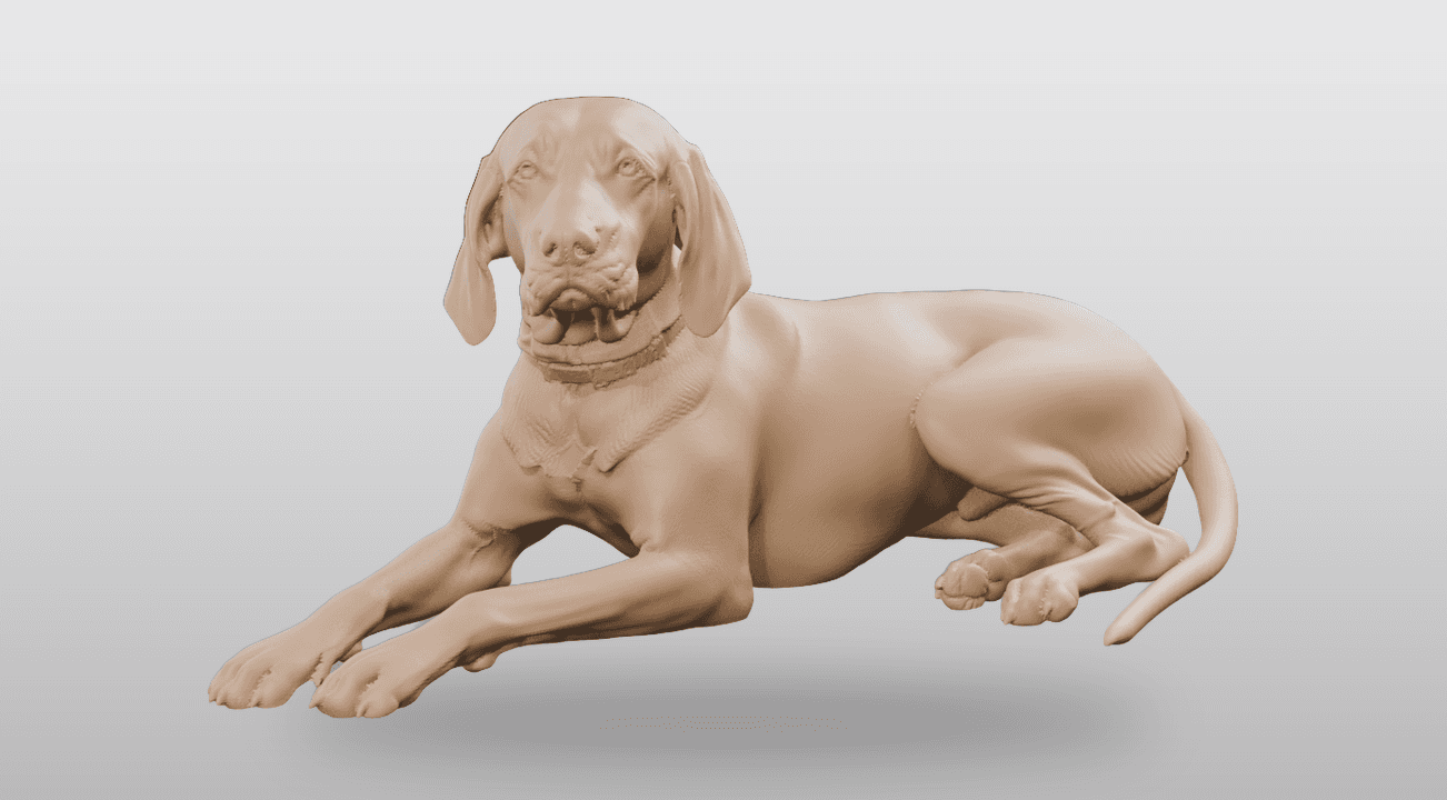 Render della scultura di Mango, un bracco sdraiato, modellata dalle foto