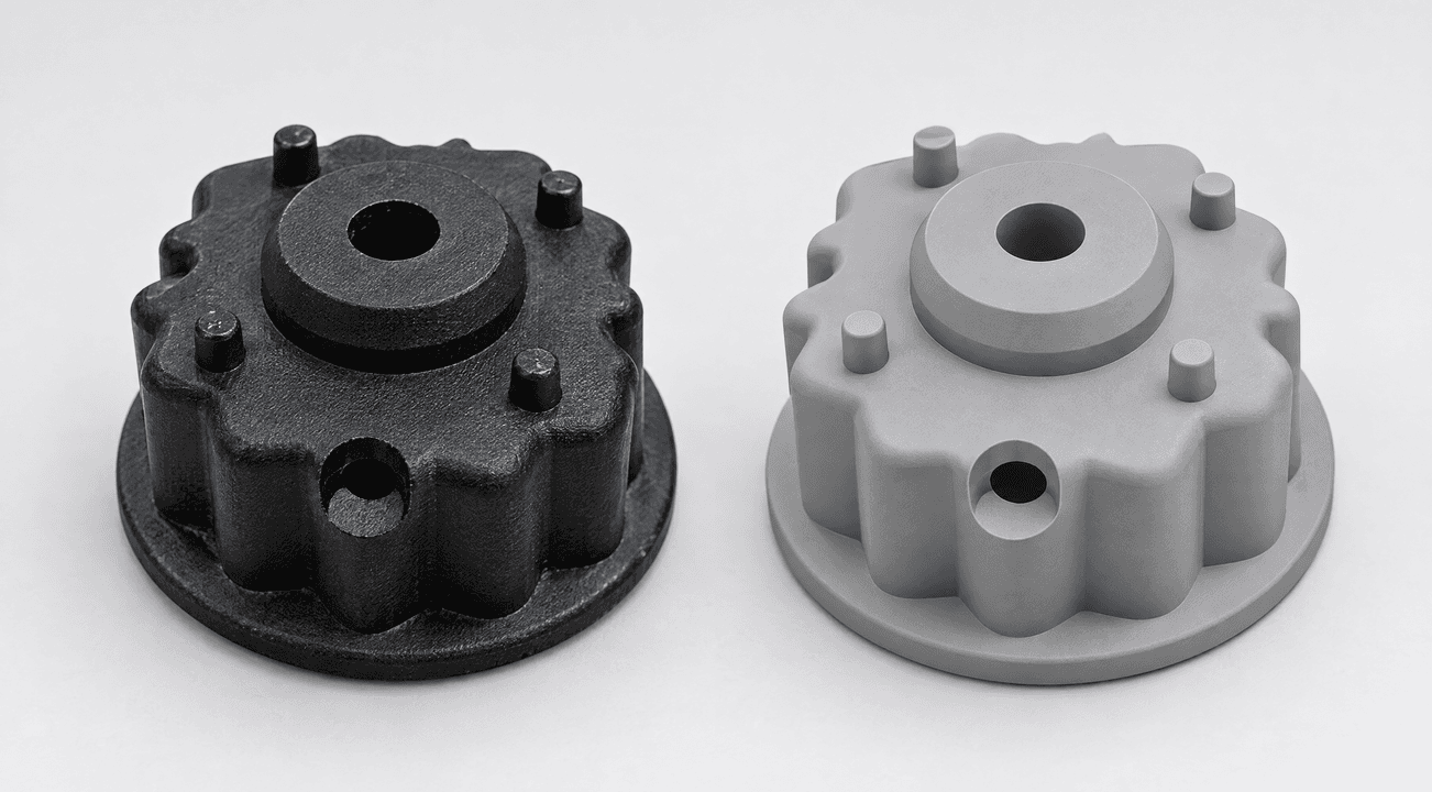 Il giunto del frullatore di Fabio: l'originale nero accanto al suo modello 3D (illustrazione)