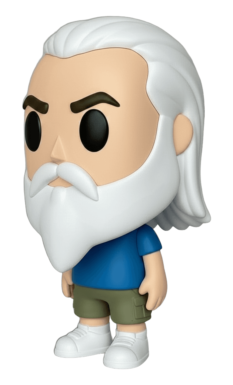 Render della statuina in stile Funko di Luca: barba e capelli bianchi, maglietta blu
